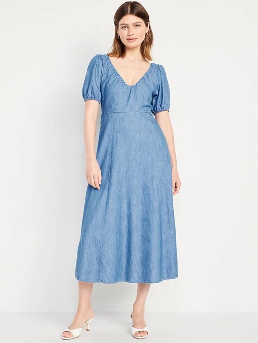 Old Navy Light Blue Puff-Sleeve Denim-Effect Midi Dress